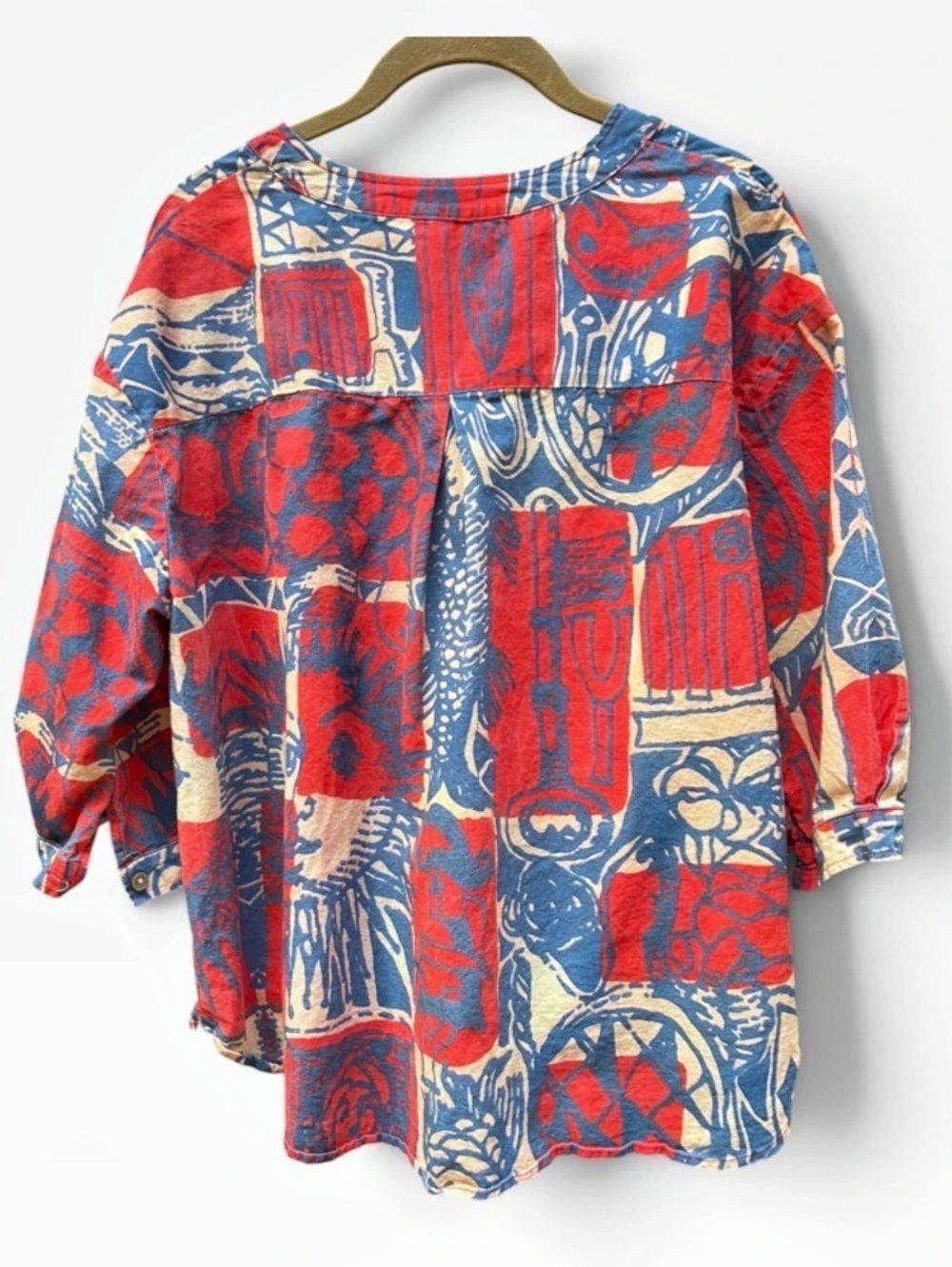 Plushcarpet Bohemian Ethnic Collage Art Pattern Abstract Print Button Down - Picture 3 of 9